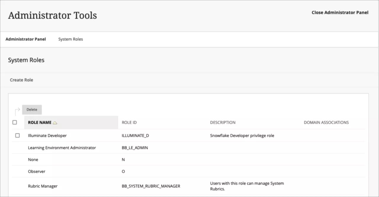 Assign roles with Snowflake access in Blackboard via the Admin Panel