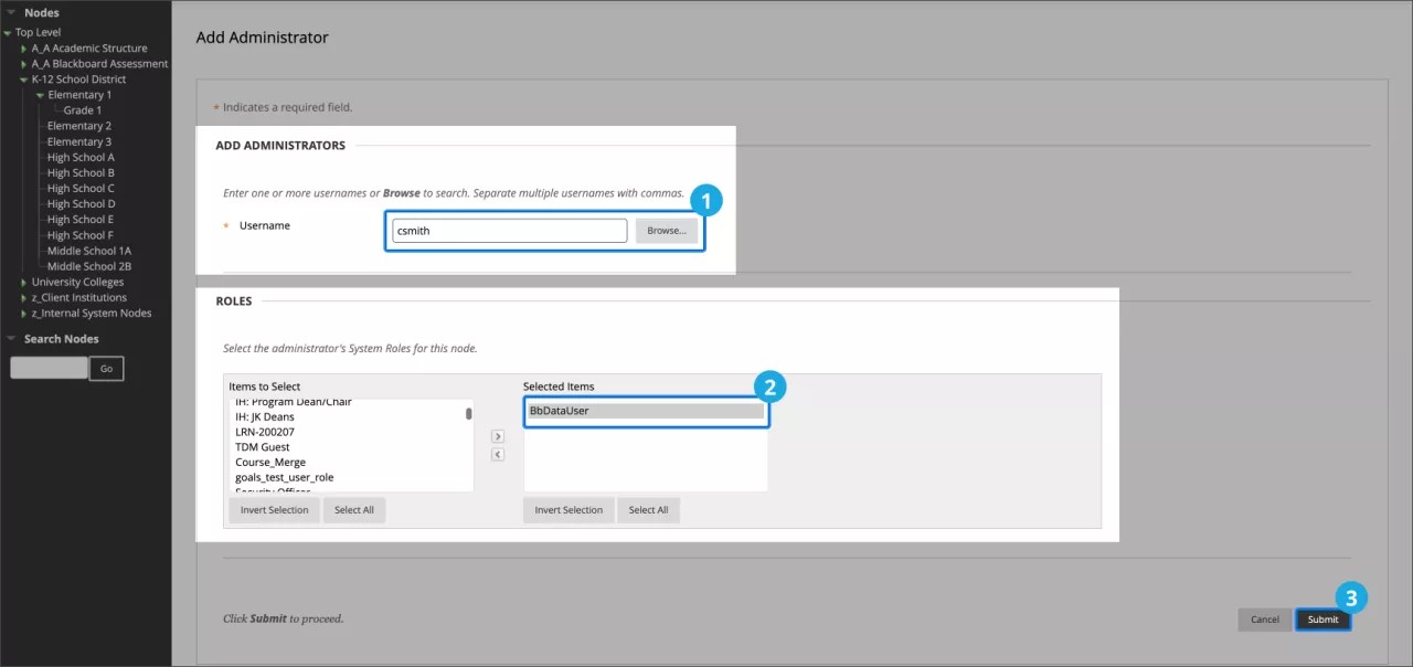 The image shows 1) the 'Username' field filled and highlighted, 2) the 'Roles' section filled and highlighted, and 3) the 'Submit' option selected and highlighted.