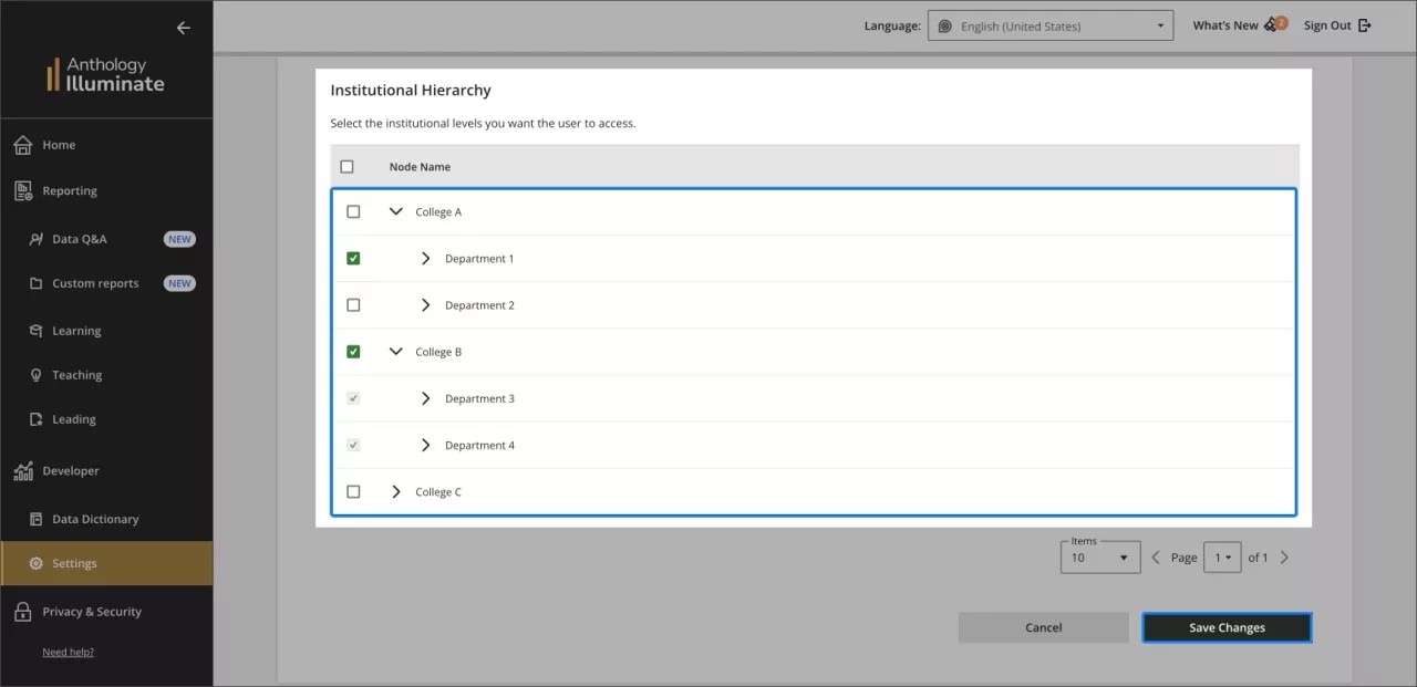 The image shows the nodes of the Institutional Hierarchy selected and highlighted, and the ' Save Changes' button selected and highlighted.