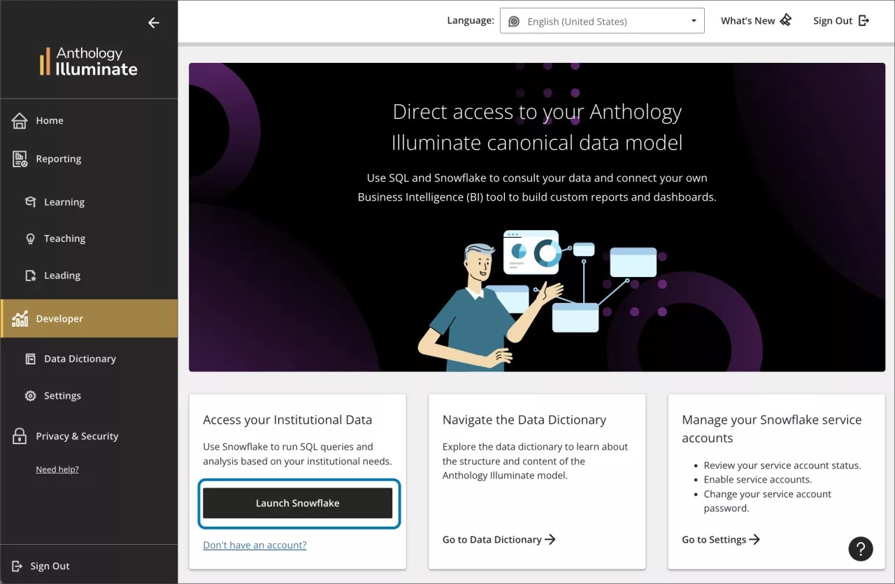 Developer homepage, with Launch Snowflake in the bottom left