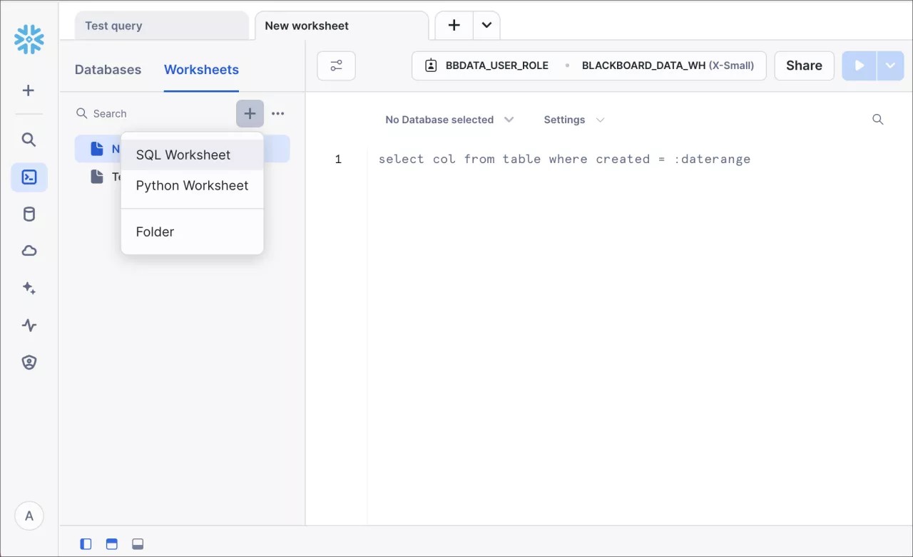 Beispiel für ein SQL-Arbeitsblatt in Snowflake