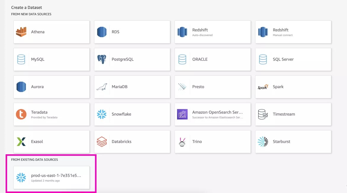An existing data source option is highlighted in the bottom left of the data source options