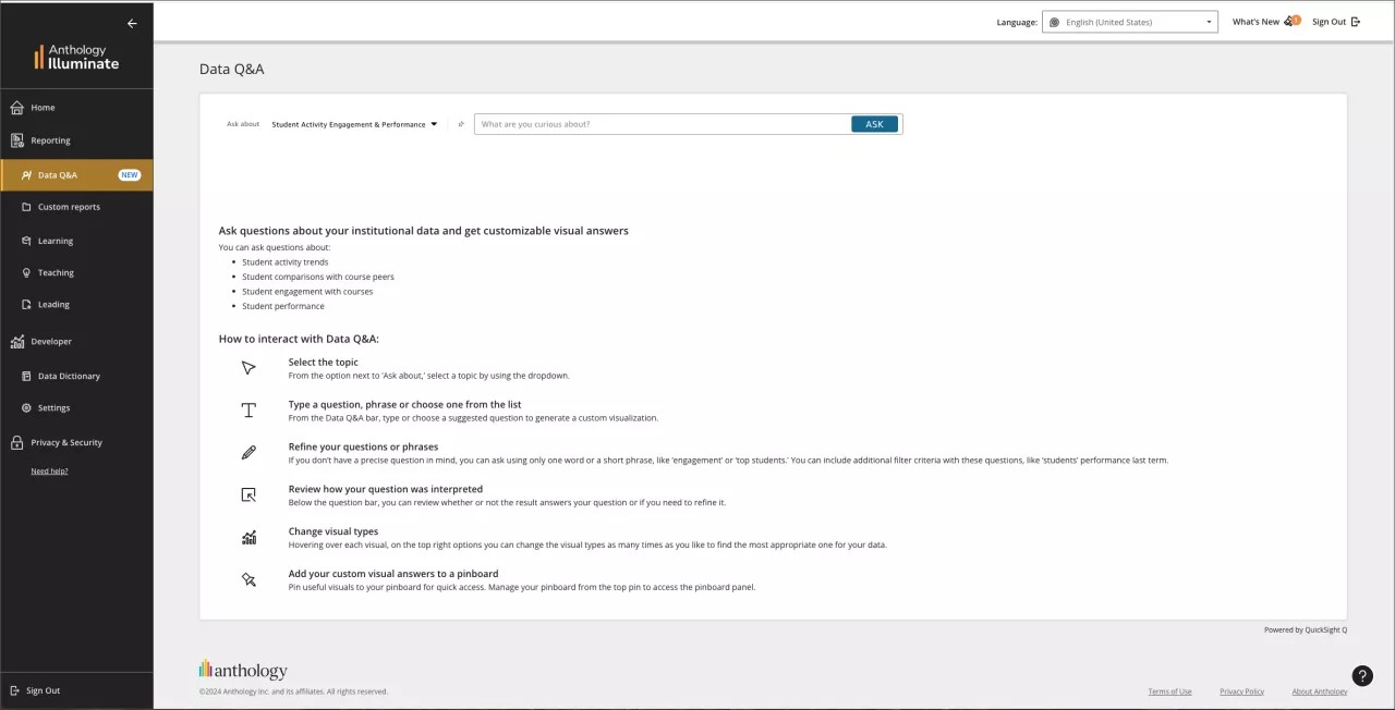 Página de aterrizaje para preguntas y respuestas de datos, con el campo de búsqueda en la parte superior