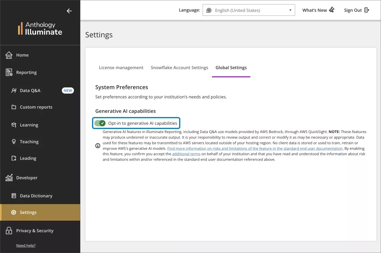 Pantalla de configuración, con el interruptor para capacidades de IA generativa resaltado
