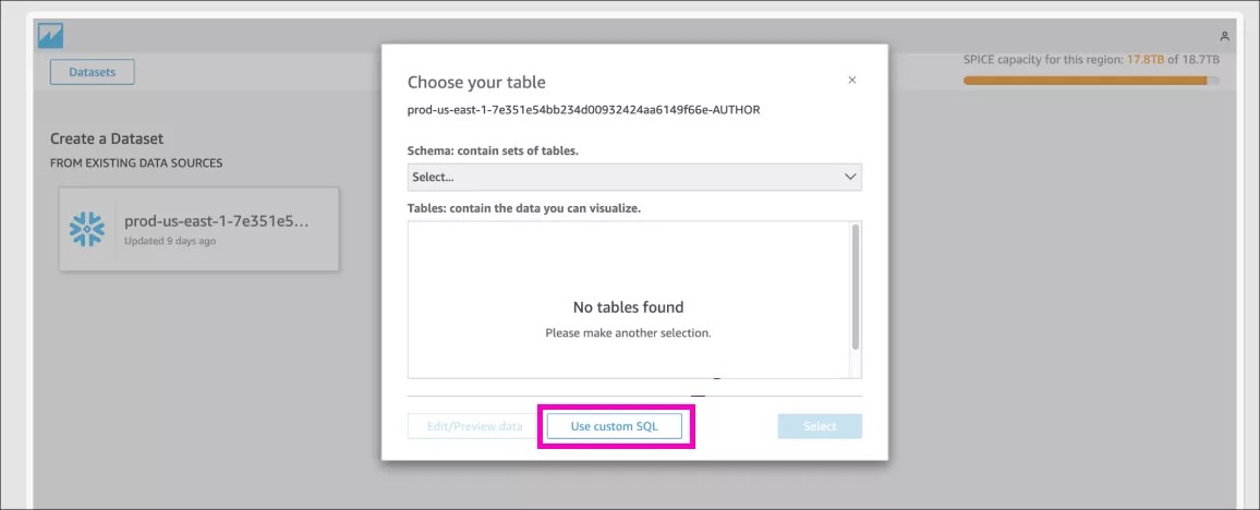 Elige tu ventana emergente de tabla con Usar SQL personalizado resaltado