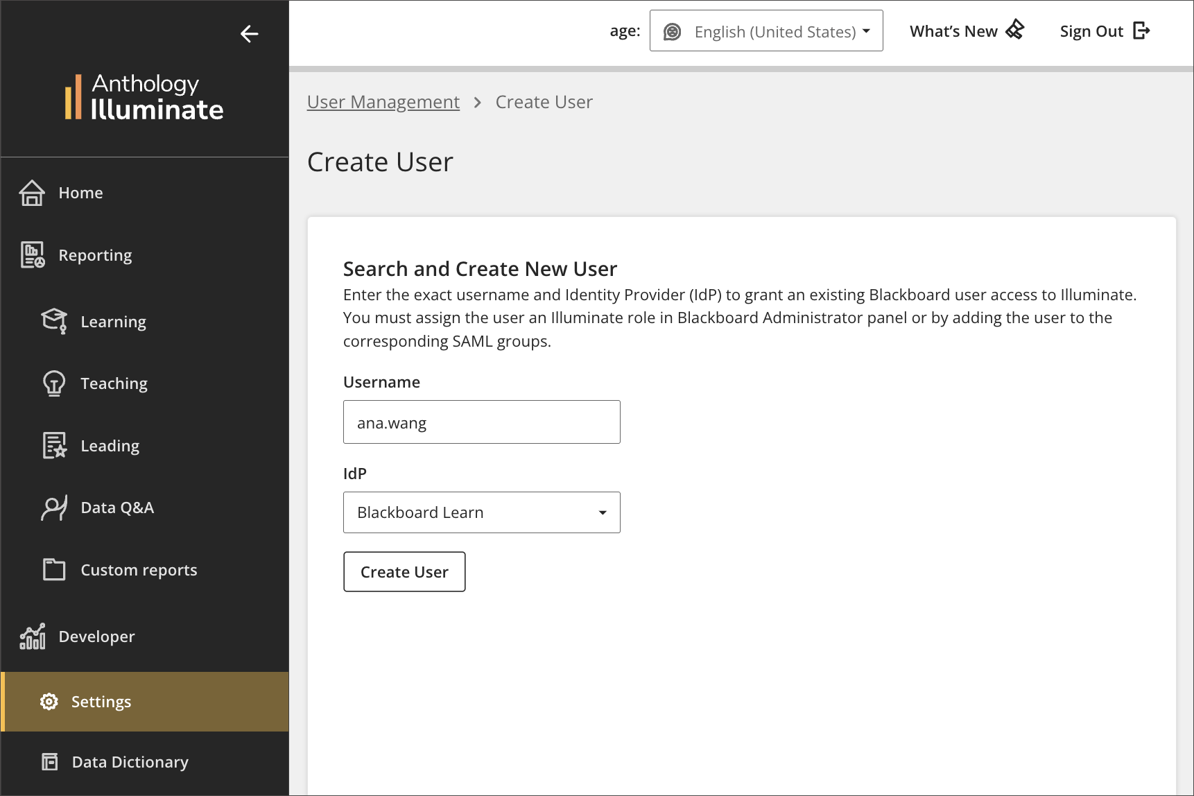 New user creation menu