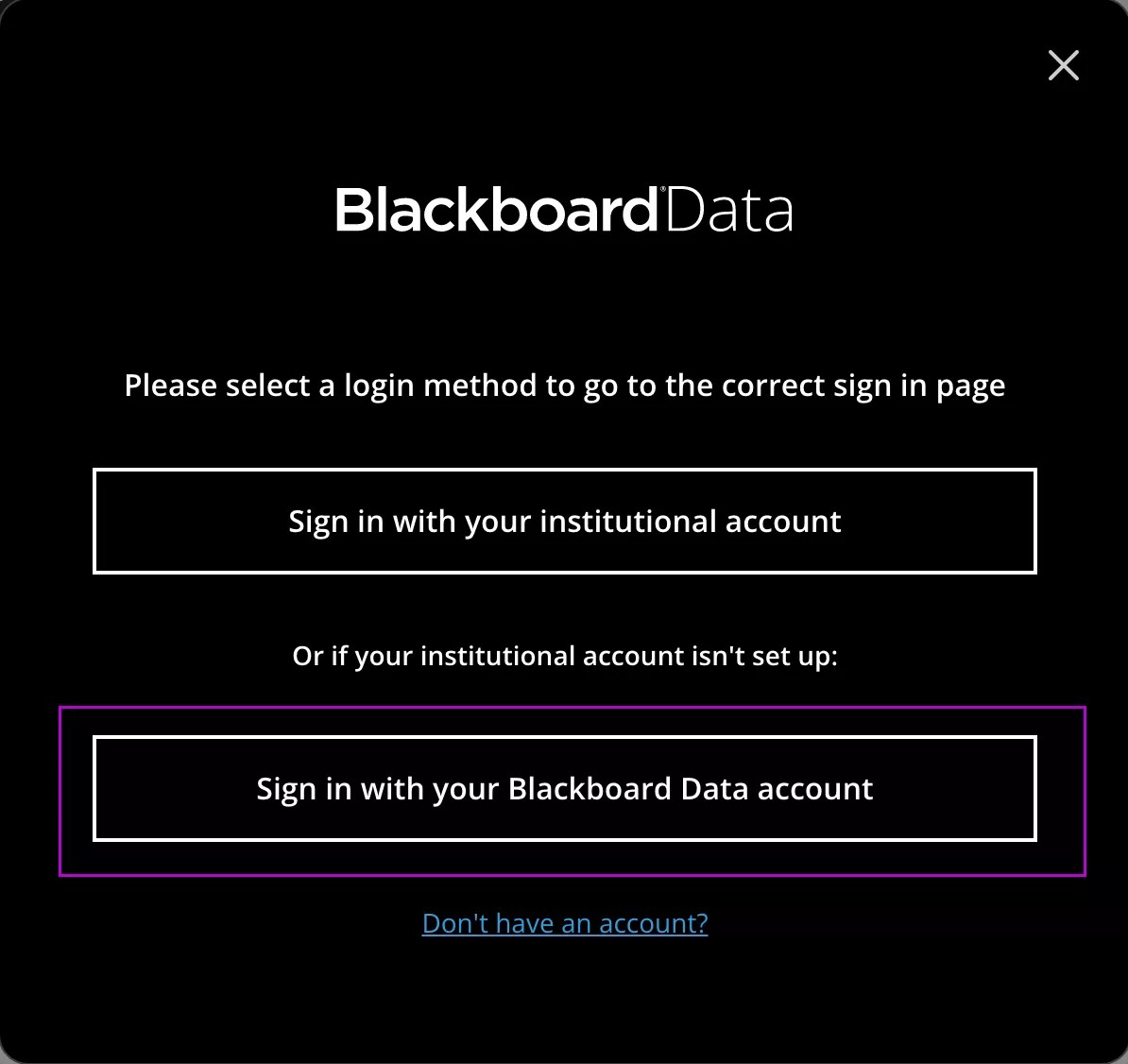 Evidenziazione della schermata di accesso di Blackboard Data Sign con il tuo account Blackboard Data