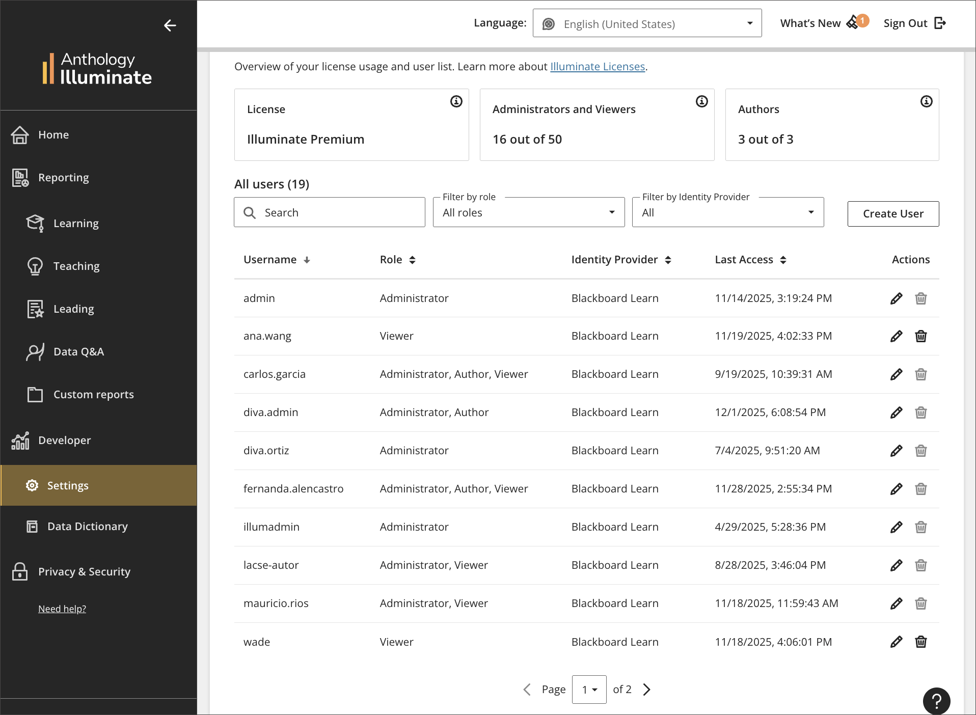 Improved user list in License Management tab in Settings
