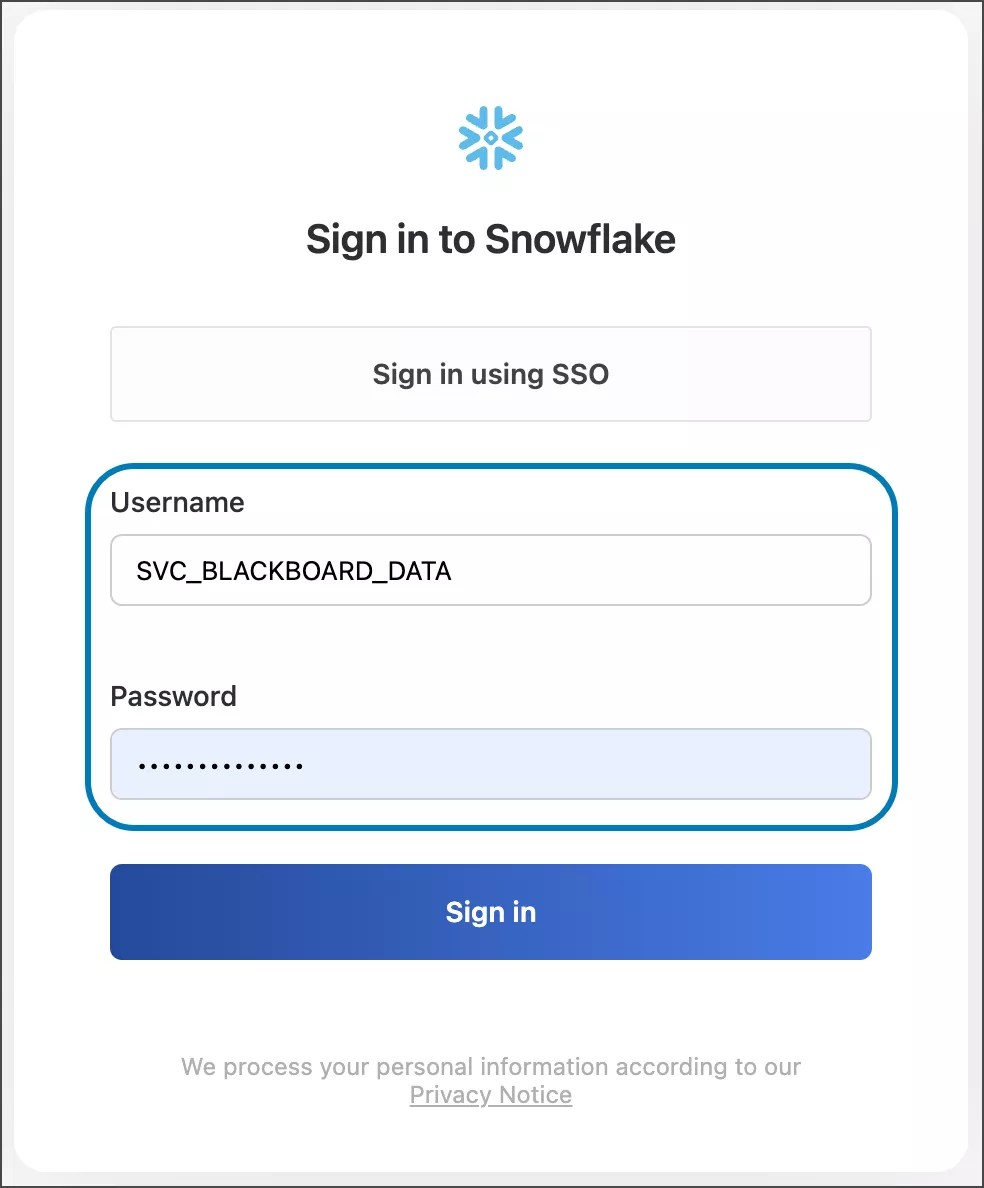 Snowflake 화면에서 사용자 이름과 비밀번호 필드가 강조 표시된 상태로 로그인하세요.