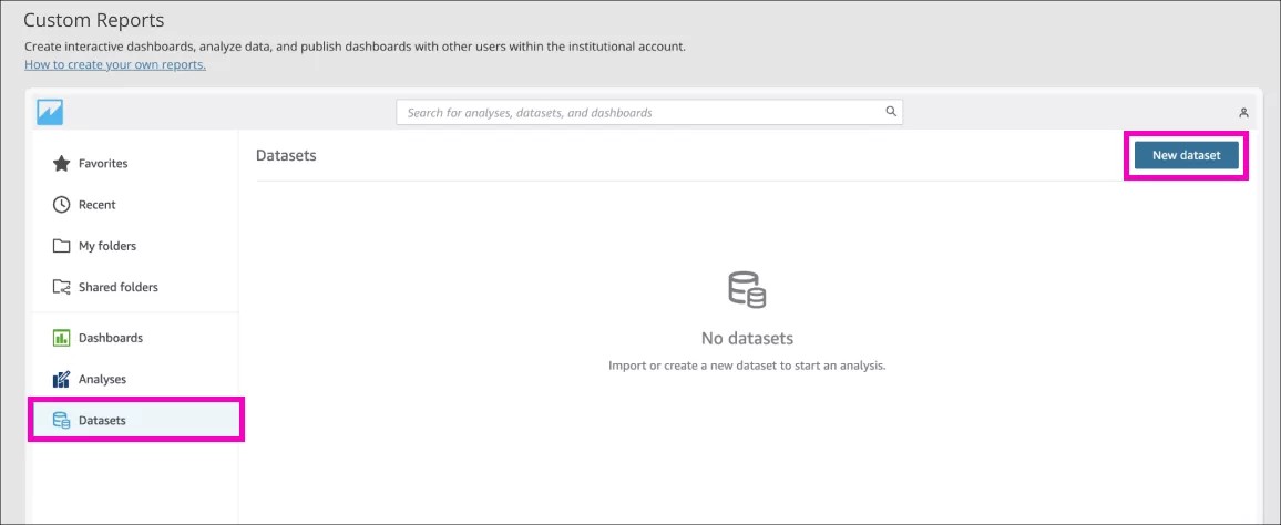 Pagina met aangepaste rapporten, met datasets links gemarkeerd en Nieuwe dataset rechts
