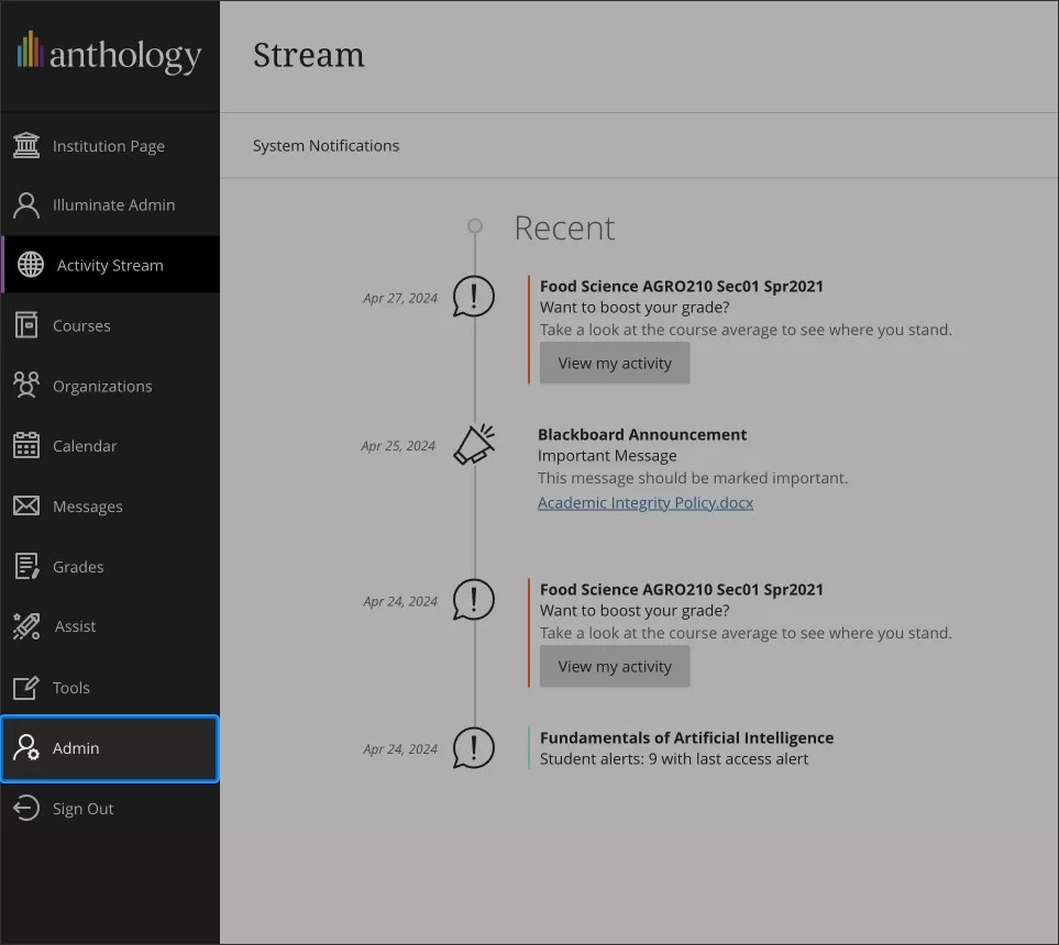 De afbeelding toont het Learn Ultra-platform geopend met de optie 'Admin' geselecteerd en gemarkeerd.
