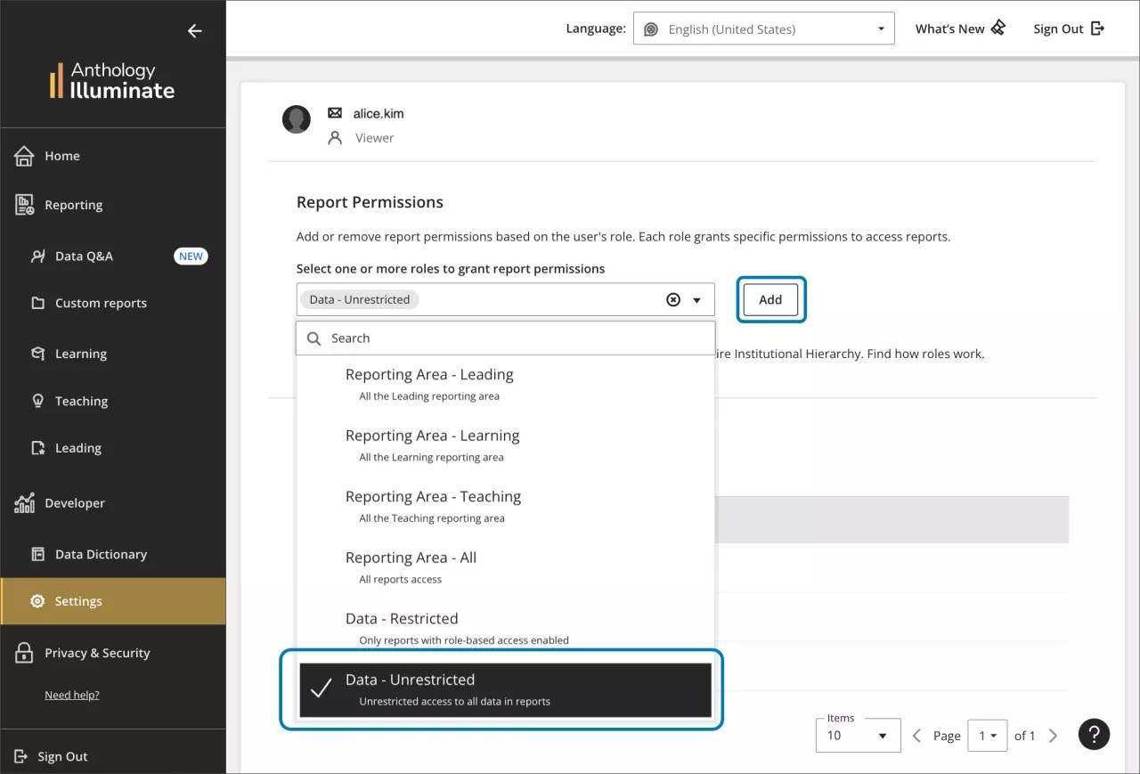 Rapportpermissies, met Data Unrestricted gemarkeerd in het dropdownmenu