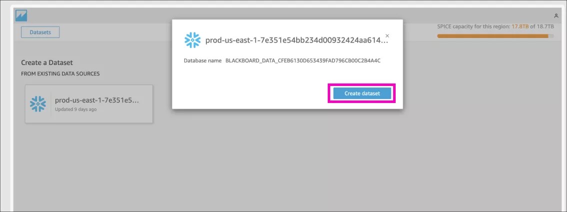 Popup för en befintlig datamängd med knappen Skapa dataset markerad