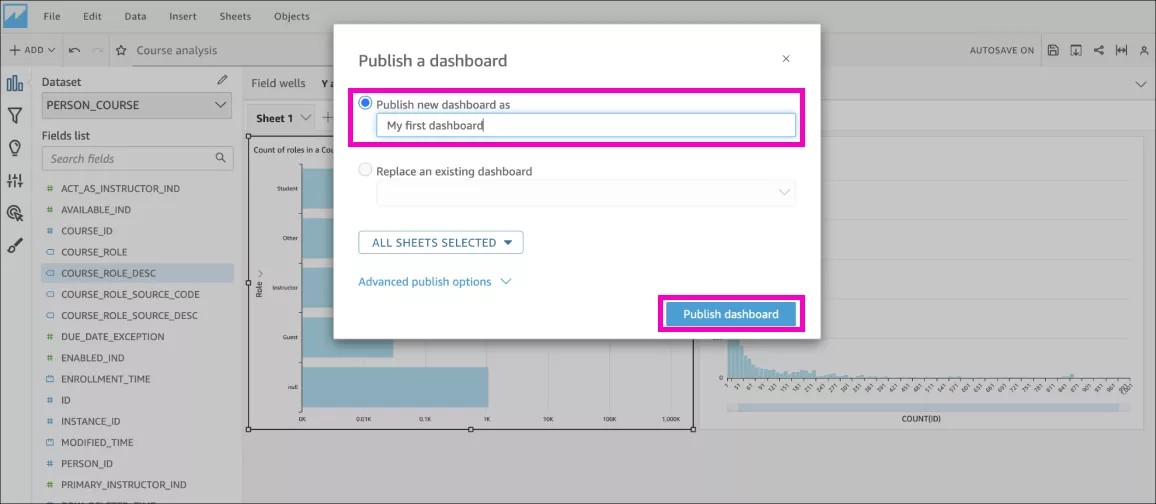 Publicera en dashboard-popup med Publicera dashboard-panelen markerad