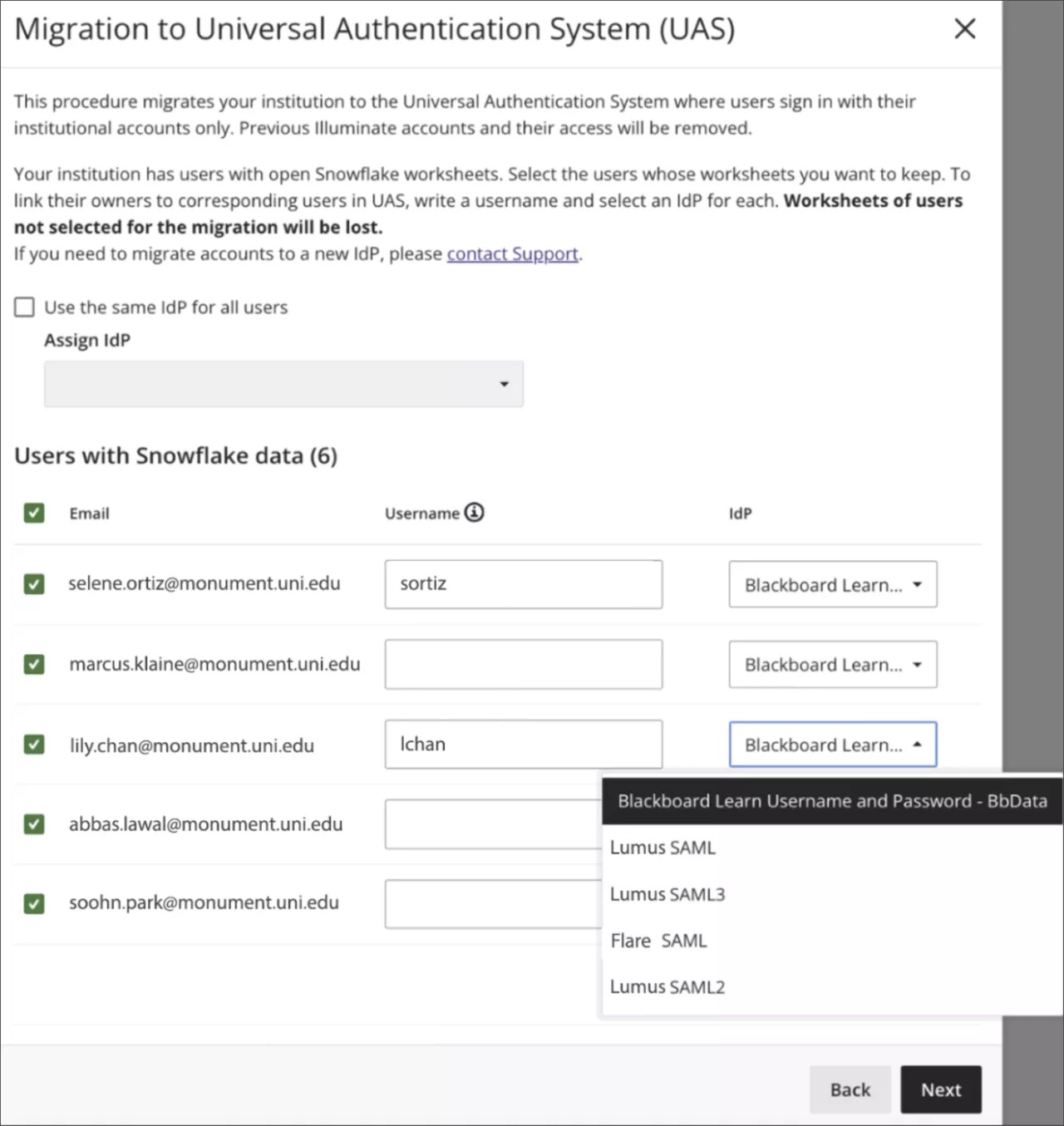 Identitetsleverantörsspecifika uppgifter: Avkryssningsrutor okryssade.