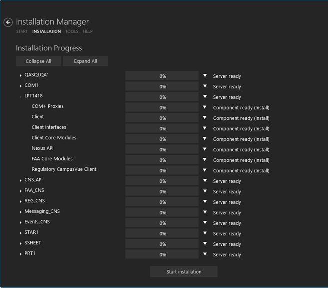 Installation Progress screen