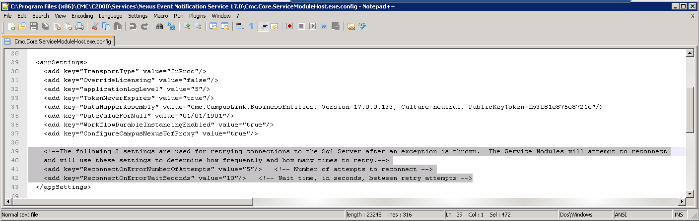 Service Module Host Config - SQL Reconnect