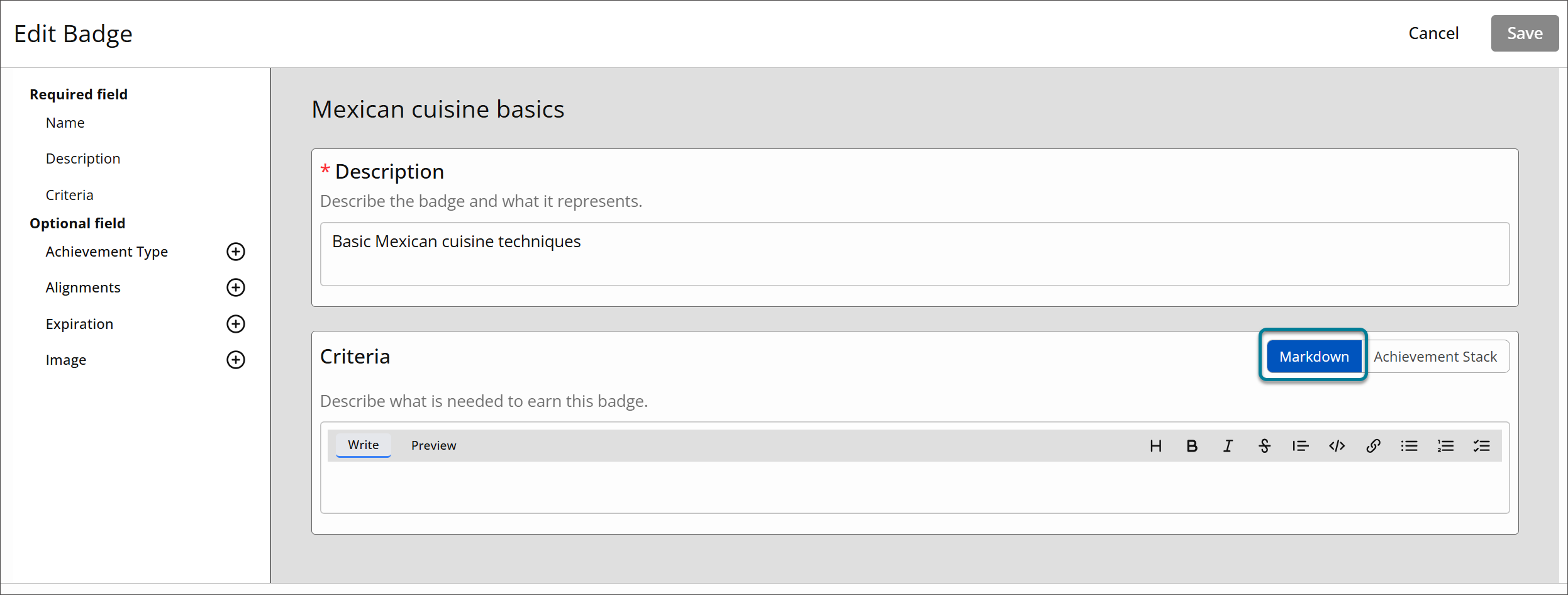 The Edit Badge page for the Mexican cuisine basics badge, showing the Criteria field at the bottom of the screen. Markdown is highlighted and the Write tab is selected.