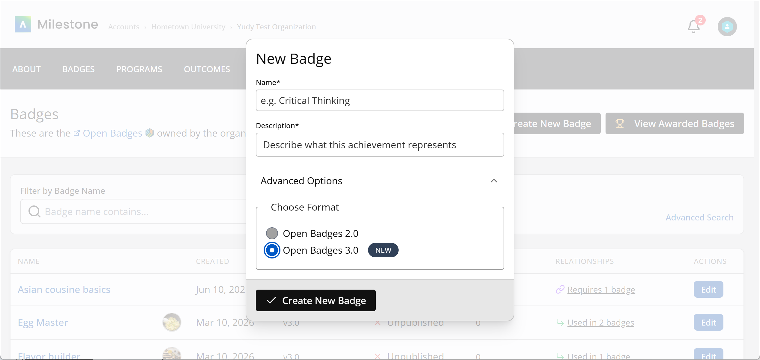 The New Badge window, showing the Name field, the Description field, and the Advanced Options menu expanded to show the Open Badge 2.0 and Open Badge 3.0 options. The button at the bottom of the window says "Create New Badge."