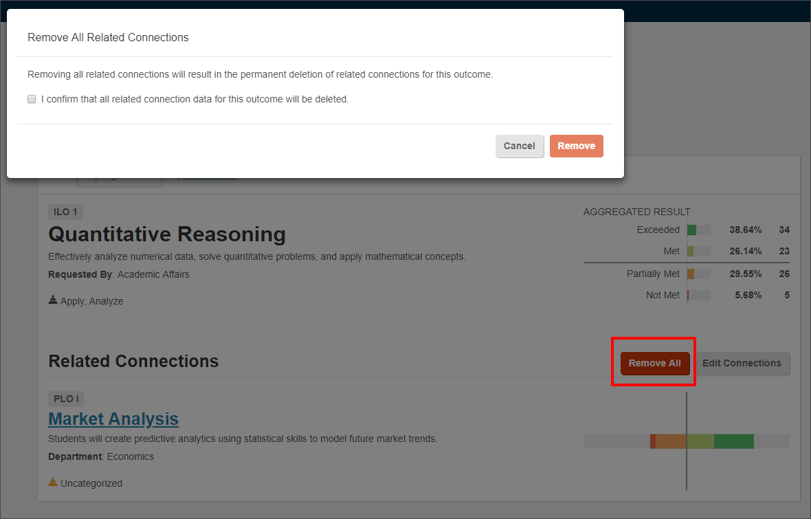 The Remove all Related Connections pop-up, where the user can select Remove, after having selected remove all
