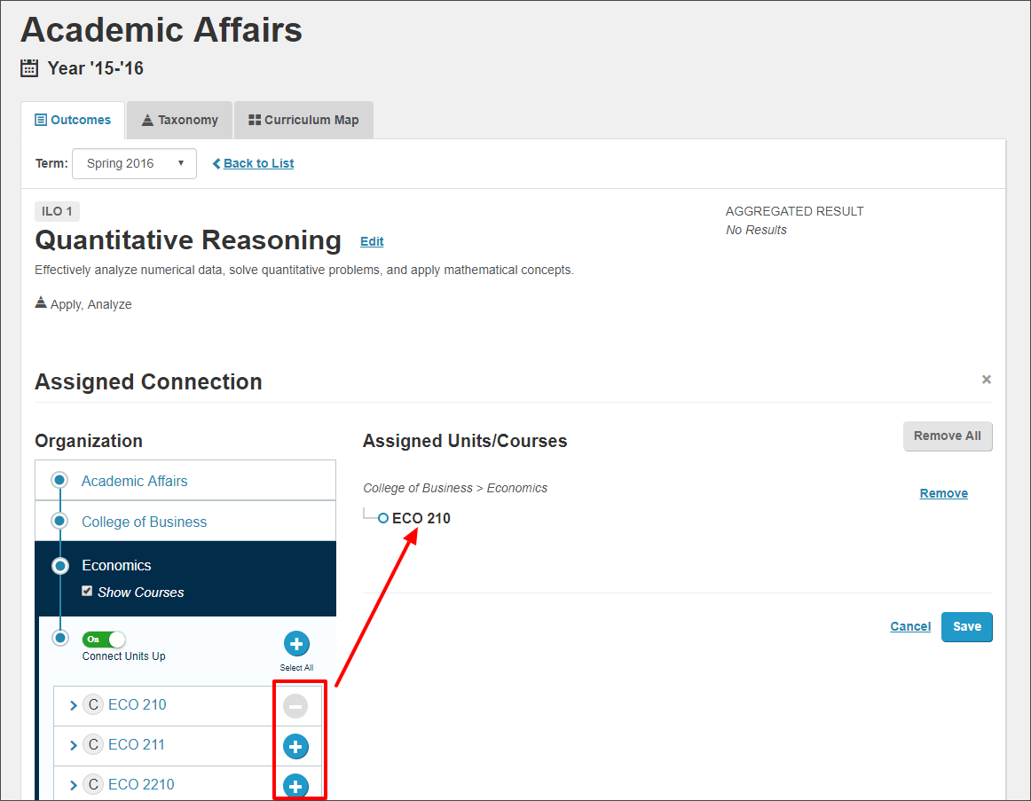 The user added a course underneath the college listing