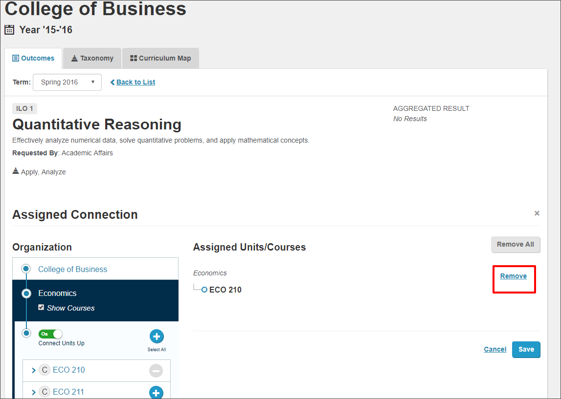 In this example, if I select the Remove button, the Connection from the Economics Department to the course Economics 210 will be deleted.