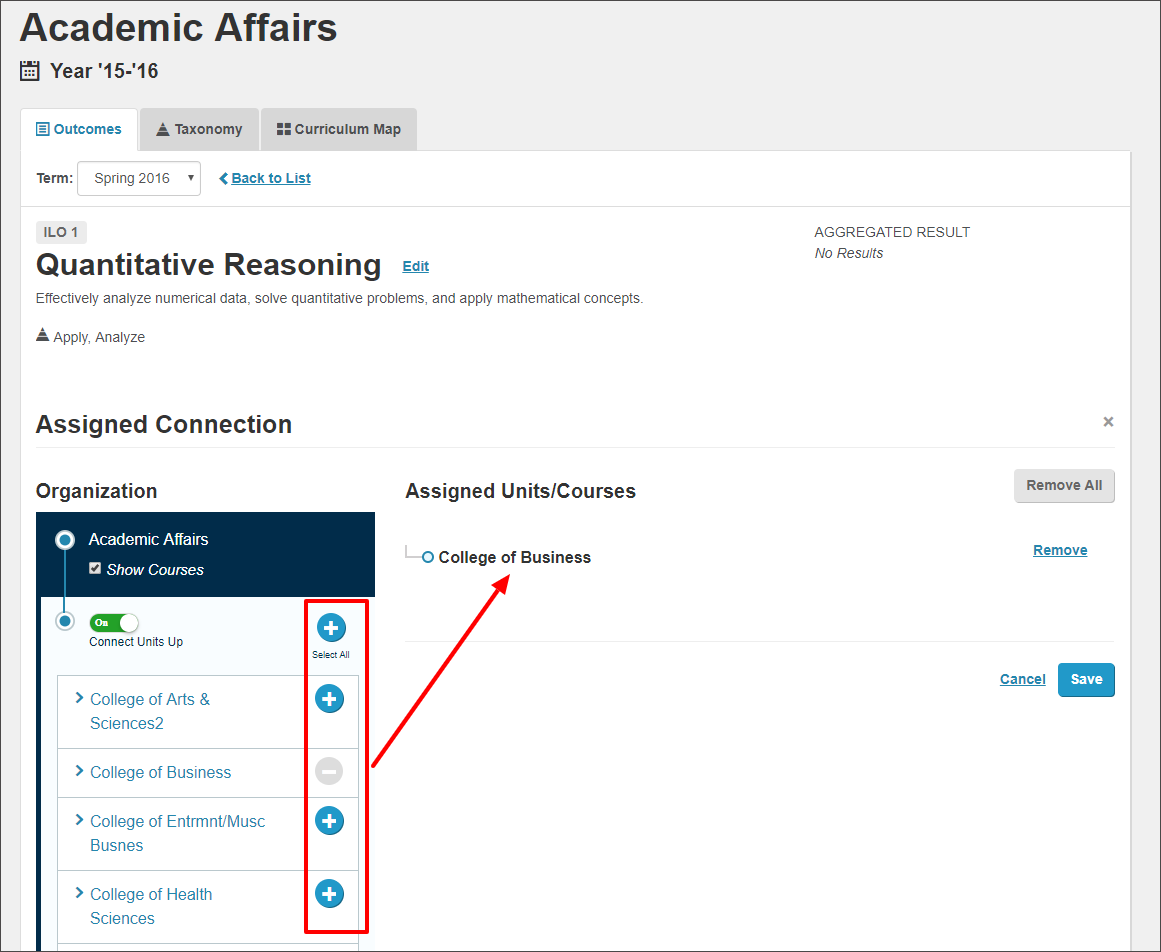 The outcome and course information is listed and the user is assigning the outcome to the organizational unit