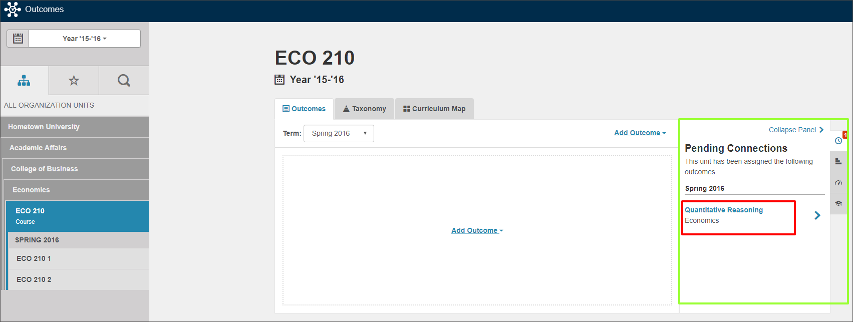 The Pending Connections panel is open on the right-side where the user can select the learning outcome