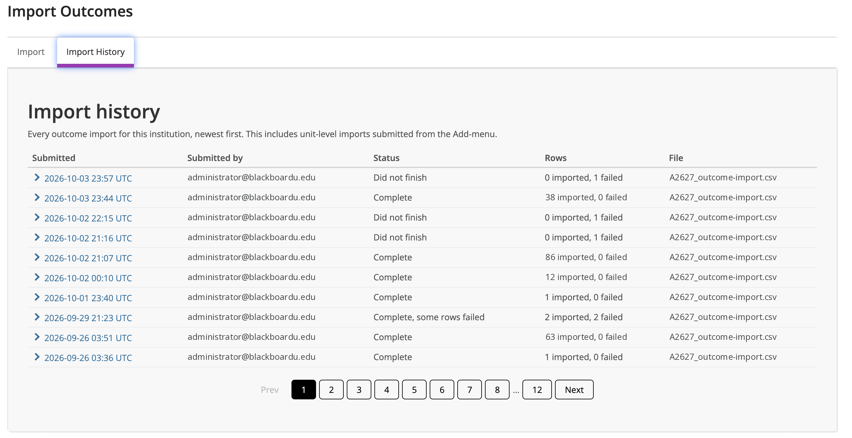 The Import Outcomes screen with the Import history tab selected