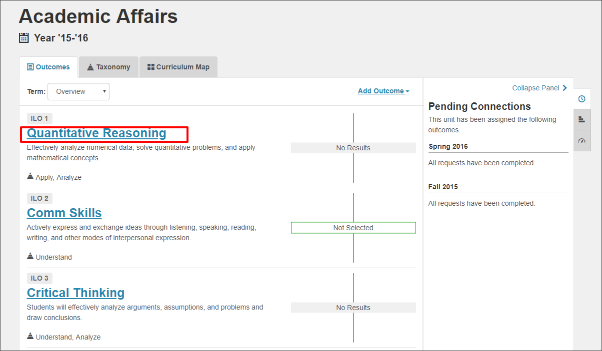The user selected Quantitative Reasoning as the outcome to measure