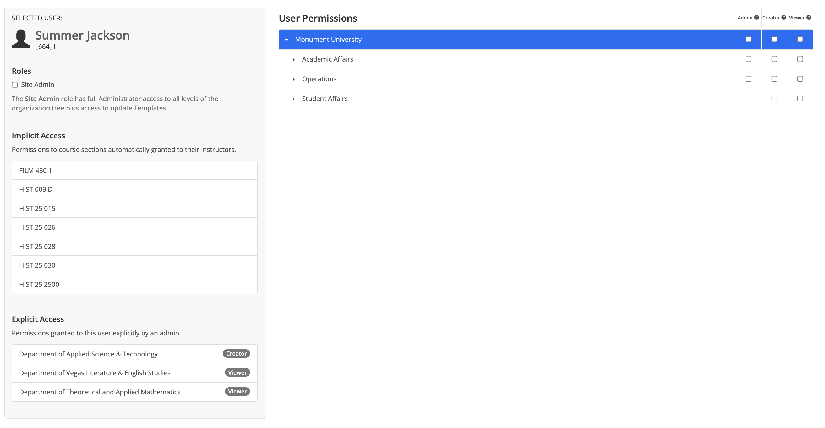 The entire User Permissions screen with the selected user on the left panel. That left panel has the user's information as well as the implicit and explicit access details. The main User Permissions window is the list of permissions with checkboxes next to each permission