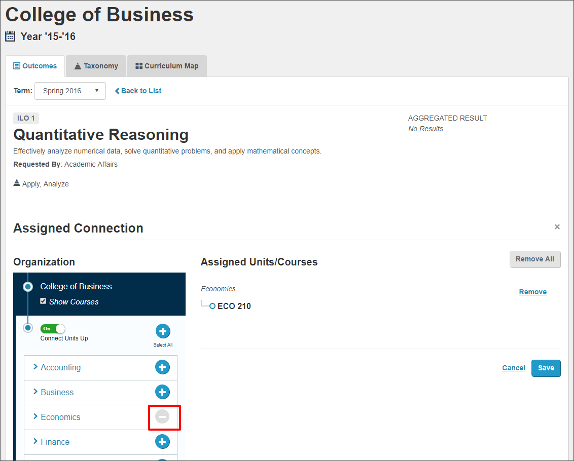In this example, if I select the Negative Sign button next to the Economics Department, this will remove the Connection from the College of Business to the Economic Department as well as the Connection from the Economic Department to the course Economics 210.