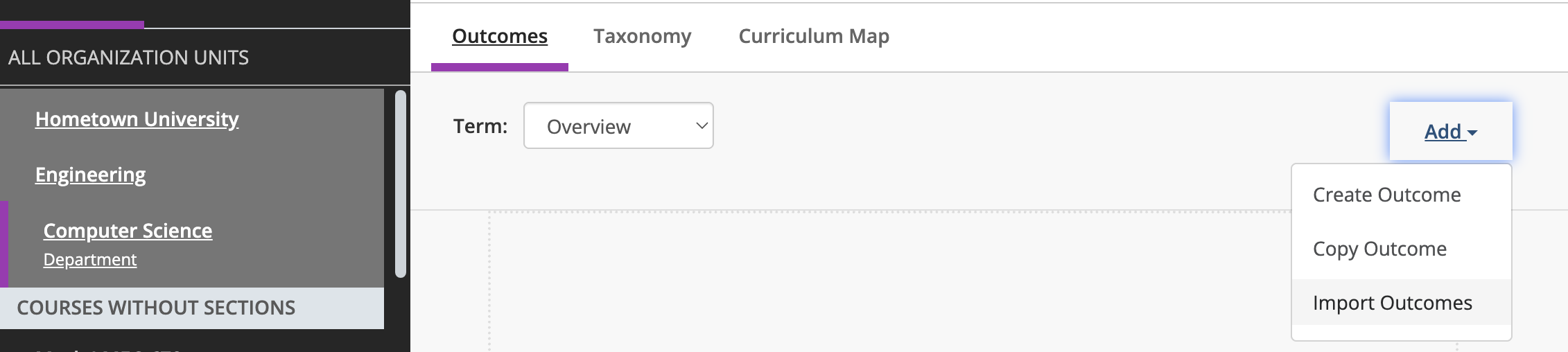 The Outcomes list page. The user select the Add button on the top right, which prompted a dropdown menu.