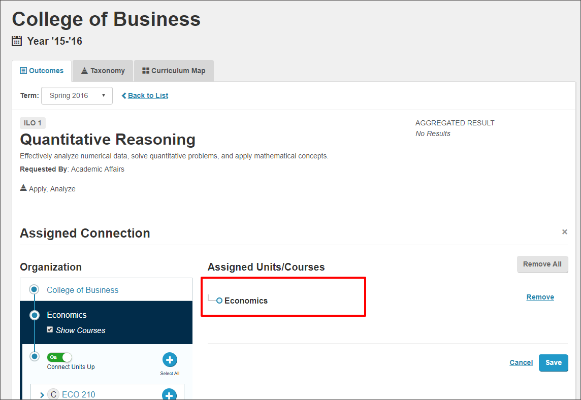 In this example, if I select the Remove button again, it will remove the Connection from the College of Business to the Economics Department.