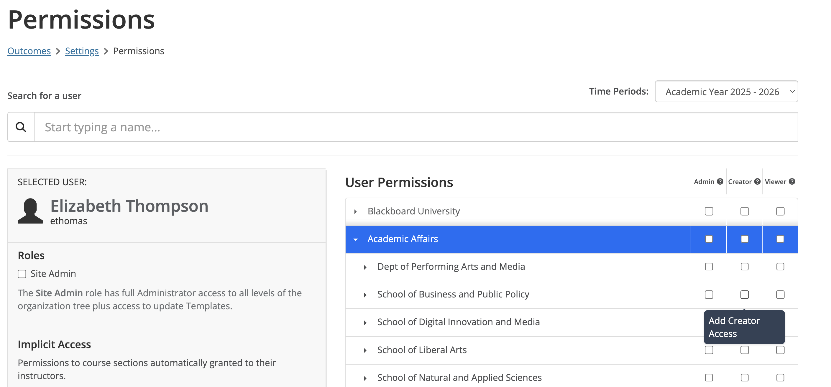 The main permissions window with navigation breadcrumbs and Time Periods dropdown at the top. Underneath that is a search bar to find a user. A user is already selected. The user details as well as their role, implicit access, and explicit access are in the left-side panel.