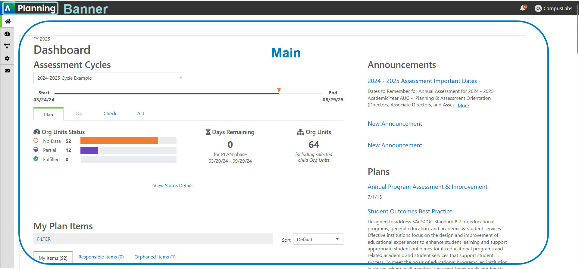 The main dashboard for Planning is highlighted in the center, showing Assessment Cycles. The Planning banner in the top left is also highlighted.