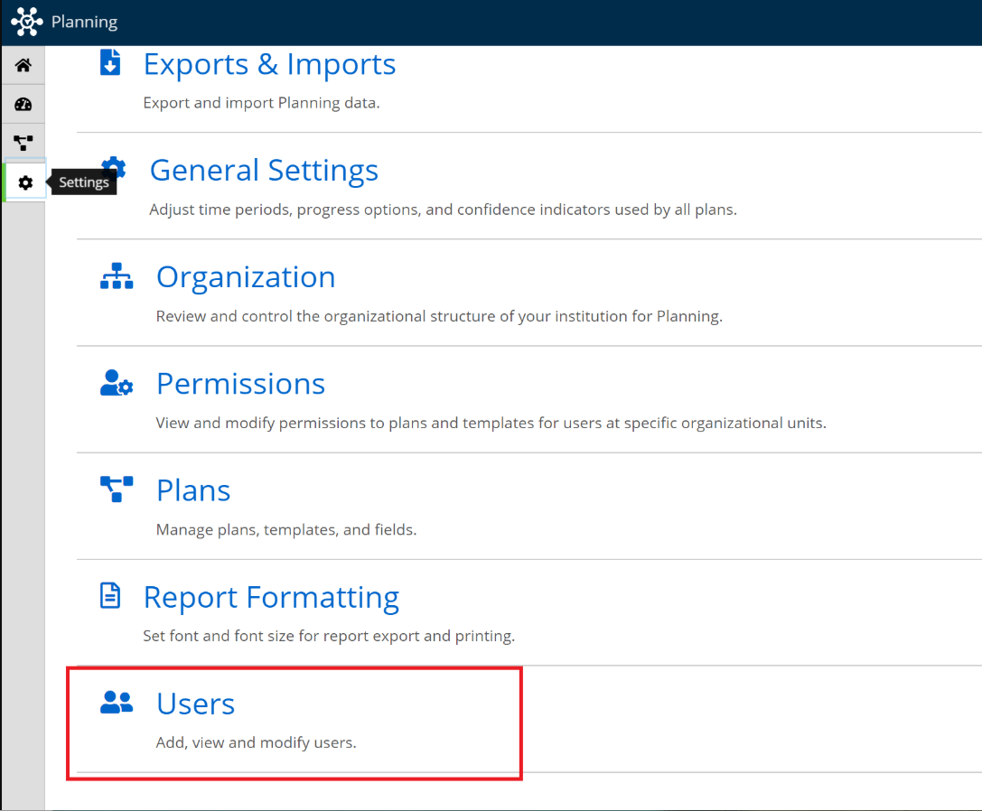 The Planning navigation menu with the Users option in a red rectangular callout.