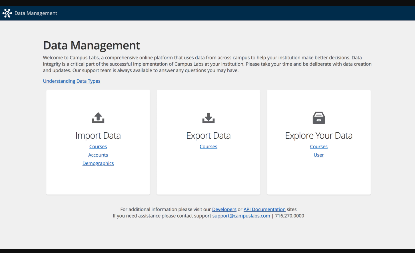 The Data Management screen with options to import data, export data, and explore your data.