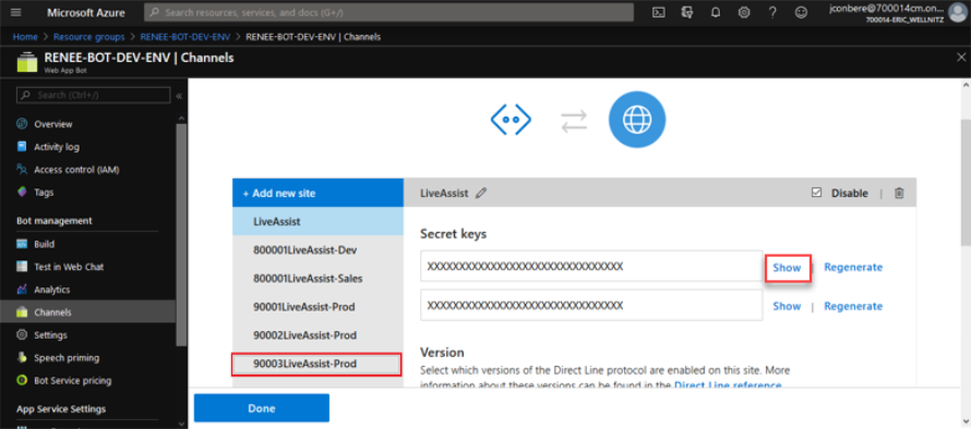 Azure Resource Groups Grid - Connect to Channels - Show Key