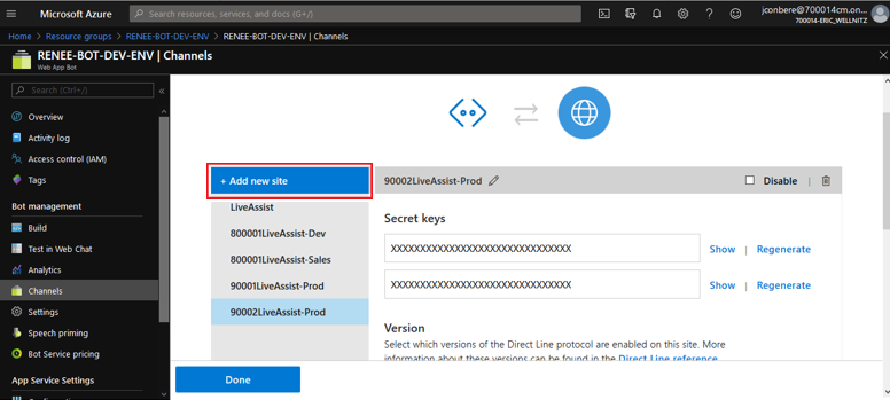 Azure Resource Groups Grid - Configure Direct Line