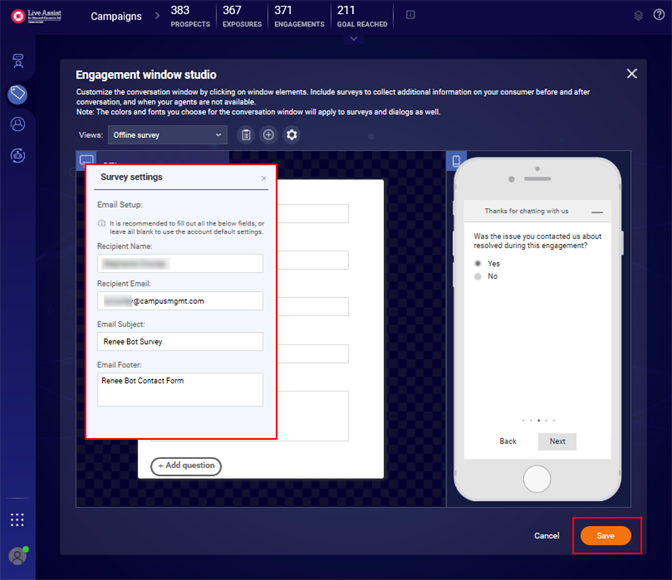 Survey settings fields