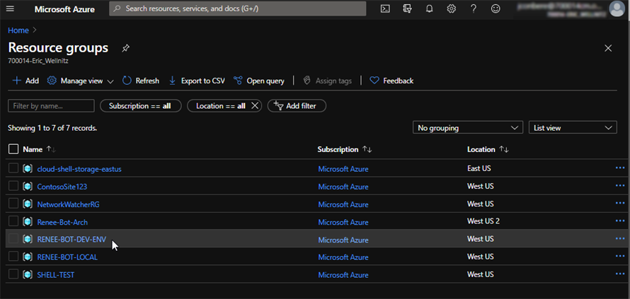 Azure Resource Groups Grid