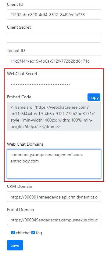 Web chat fields in ReneeAdmin