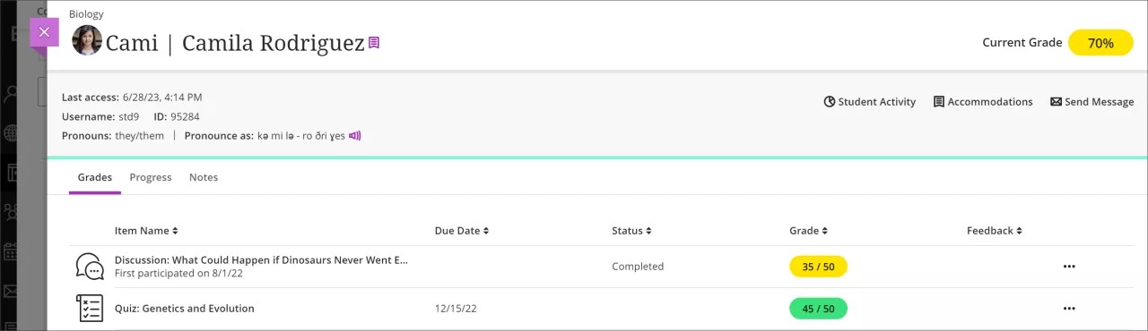 The Student Overview for a student named Camila Rodriguez, including the additional information of a student, as well as grades. There are tabs for Grades, Progress, and Notes.