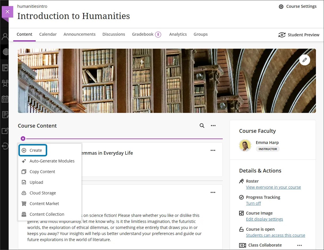 Course Content page with the Create Item dropdown menu expanded and Create highlighted
