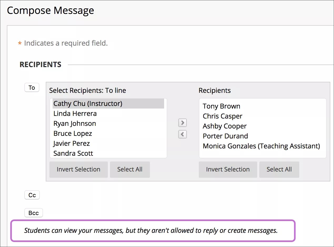 When course messages are read-only for students, you're alerted when you create a message.