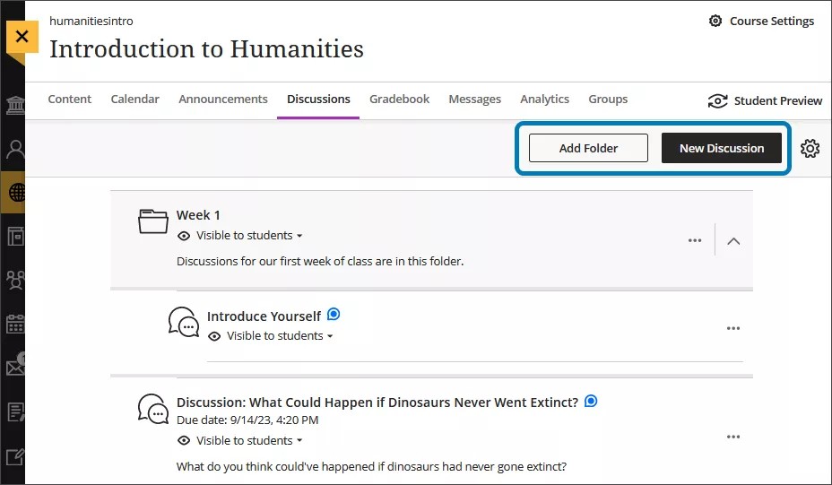 The Discussion tab on the course page, with Add Folder and New Discussion highlighted at the top of the page