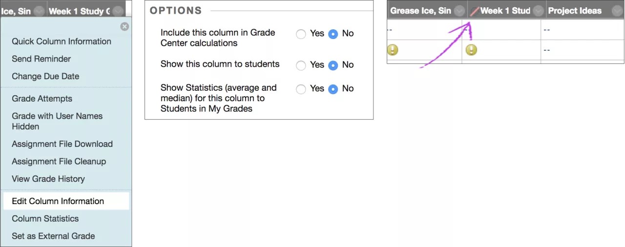 On the left hand side, the edit column information option is shown. In the middle, the options for Include this column in Grade Center calculations, Show this column to students, and Show statistics (average and median) for the column to student in My Grades are all marked as No. On the right hand side, the Week 1 Stud column has a red line indicating it is not visible to students.