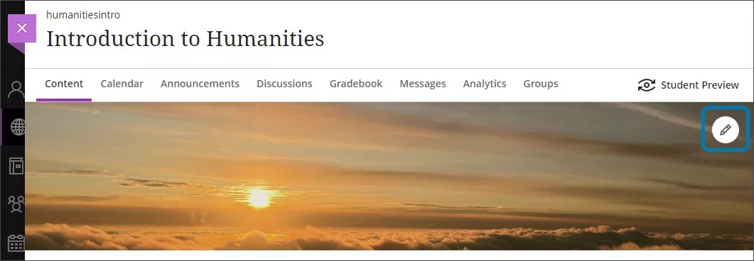 Image of a course with a banner image of clouds with a blue square around the panel icon in the top right