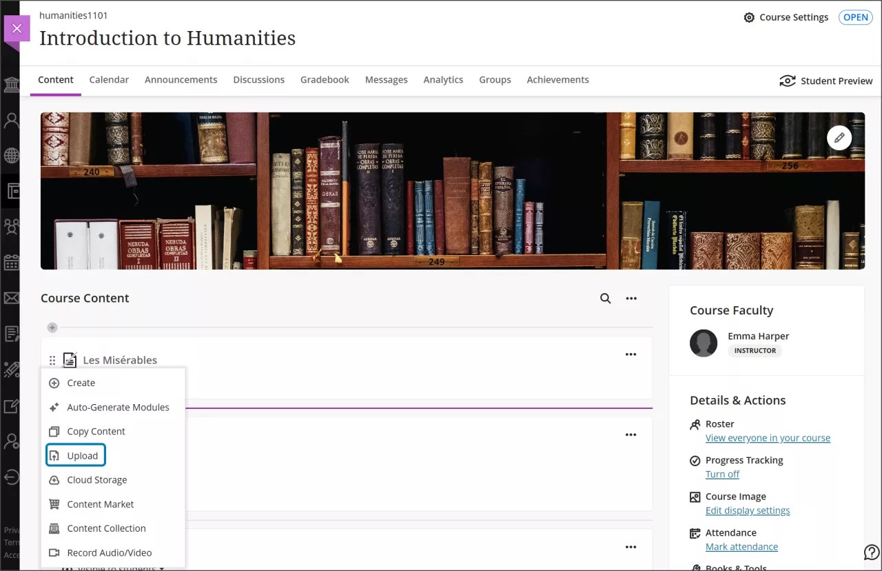 Course Content page with menu open to add files. Upload option is highlighted.